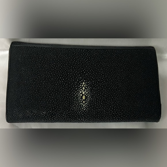 Black Long Wallet Genuine Sparkling Sting Ray Skin Billfold Snap & Zipper - Picture 8 of 8